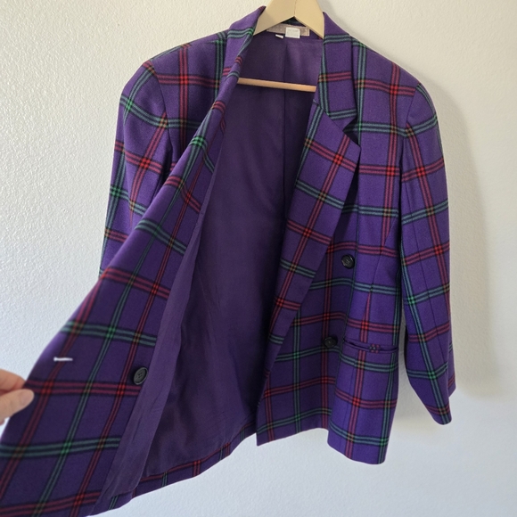 PERRY ELLIS Portfolio Womens Blazer Jacket Size 12 Vintage Wool Plaid Oversized - Picture 3 of 16